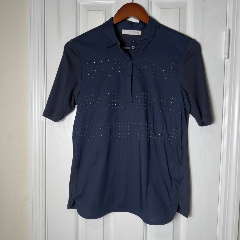 Fabiana Filippi Navy Beaded Short Sleeve Blouse Top Italy Size S